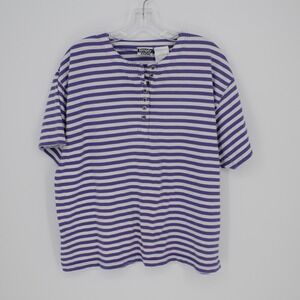 Simply Basic Vintage Women's Purple Striped Short Sleeve Henley Top Size‎ L